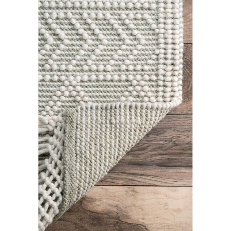 Gracie Oaks Sechrist Geometric Handwoven Flatweave Cream/ Sage Green